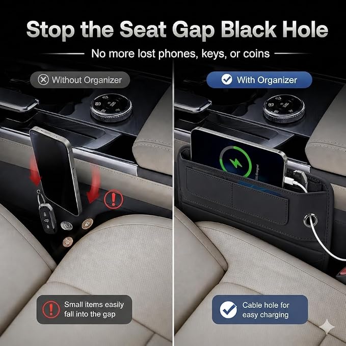 Car Seat Gap Filler, 1 Pack Anti-Fall PU Leather Seat Gap Organizer, Stop Phone Keys Coins Sunglasses from Dropping into Seat Crevice, Universal Front Seat Side Storage for Cars, SUV and Truck
