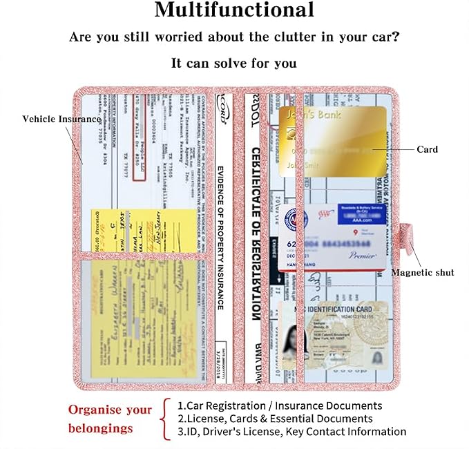 TILDOSAC 2 Ppack Leather Car Registration and Insurance Card Holder, Car Document Holder for Cards License with Magnetic Shut(Glitter Pink-Ear