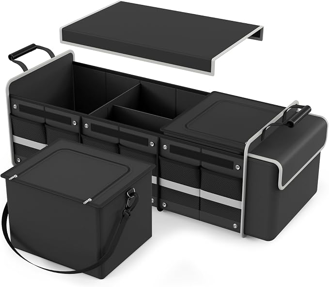 Large Trunk Organizer for SUV with Premium Portable Cooler Bag, Car Organizers and Storage with Foldable Cover, Collapsible Car Trunk Bed Organizer for Truck, 2 Retractable Straps, 90L+20L, Black-C