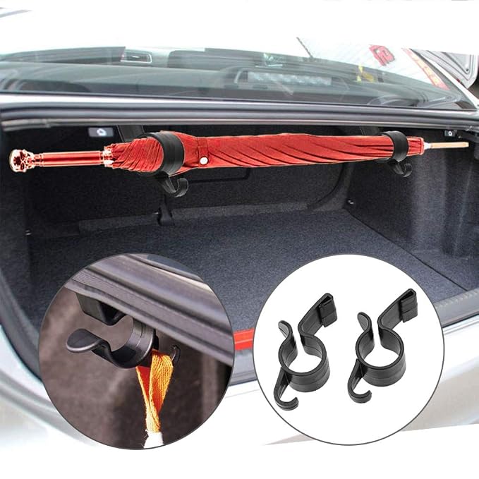 2 Pcs Black Car Umbrella Holder,Trunk Hooks Hanger Holder Clip,Universal Headrest Organizer Clip Portable Umbrella Trunk Back Car Purse Stand Bags Holder, Multifunctional Back Seat Hanging Hooks
