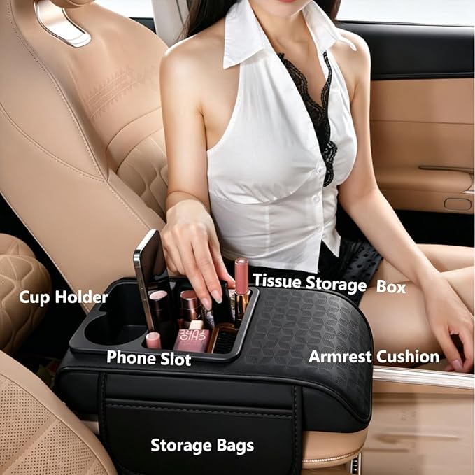Car Center Console Cover, Auto Car Armrest Cushion 5-in-1 with Cup Holder, Tissue Box Slot, Phone Slot for Vehicle, Car Accessories Interior Storage Organizers (White)