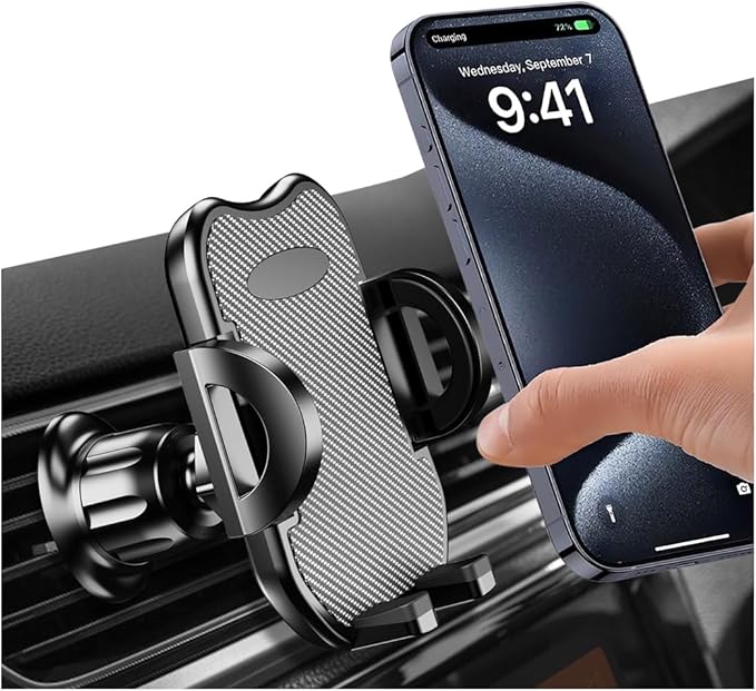 Car Vent Phone Holder, 360° Rotation Hands Free Cellphone Air Vent Cradle with Metal Hook Clip, Automotive Interior Smartphone Mount, Universal for SUV, Truck, RV (Carbon Fibre)