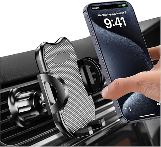 Car Vent Phone Holder, 360° Rotation Hands Free Cellphone Air Vent Cradle with Metal Hook Clip, Automotive Interior Smartphone Mount, Universal for SUV, Truck, RV (Carbon Fibre)