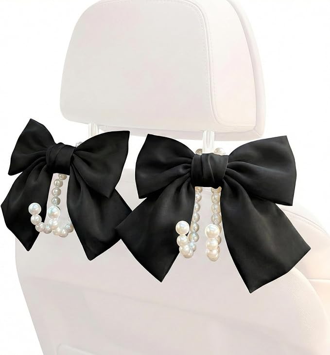 2PCS Satin Bow Pearl Car Seat Headrest Hooks – Car Bag Holder & Vehicle Hanger for Purses – Cute Coquette Aesthetic Interior Decoration – Cute Auto Organizer Accessories Universal (Black)