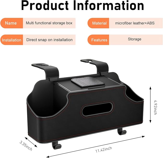 Car Back Seat Organizer, Leather Snap-on Seatback Storage Pocket, Multi-functional Storage Box for Phone Holder Tissues Cup Bracket Hanging Bag, Universal for Most Vehicles (Black)