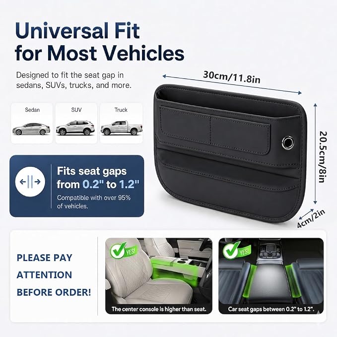 Car Seat Gap Filler, 1 Pack Anti-Fall PU Leather Seat Gap Organizer, Stop Phone Keys Coins Sunglasses from Dropping into Seat Crevice, Universal Front Seat Side Storage for Cars, SUV and Truck