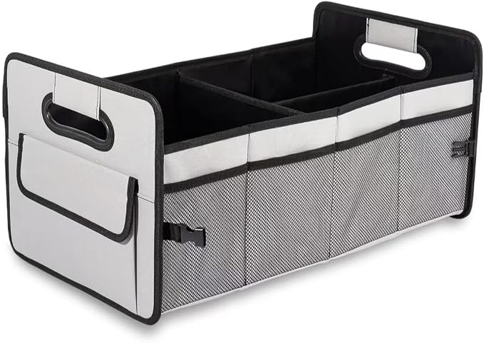 Car Trunk Organizer Basket with Front & Side Pockets | Foldable Waterproof Oxford Cloth for SUV & Truck | Durable Large Capacity Storage Box with Velcro Dividers & Secure Buckles（Grey）