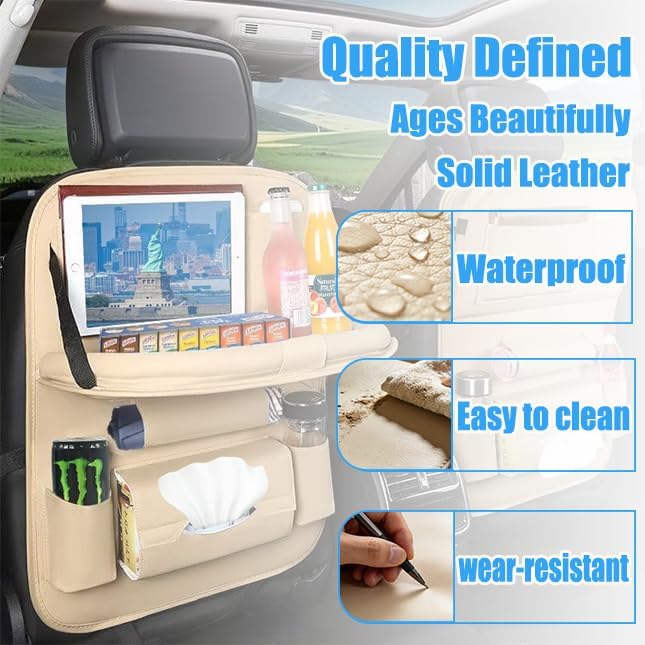 YiYang Car Back Seat Organizer with Foldable Tray, Multi-Pocket Storage, Tablet Holder, Cup Holders (2, Beige)