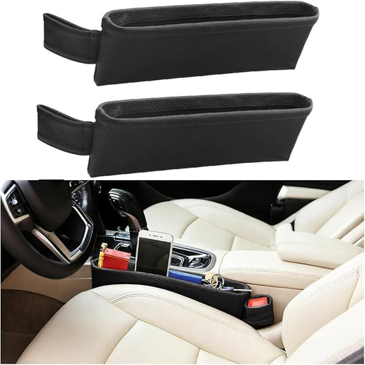 2PCS Car Seat Gap Filler Organizer, Leather Seat Gap Catcher Holder Pocket for Phones Keys Glasses, Auto Center Console Side Crevice Stopper Storage Box, Universal for Vehicles (Black)