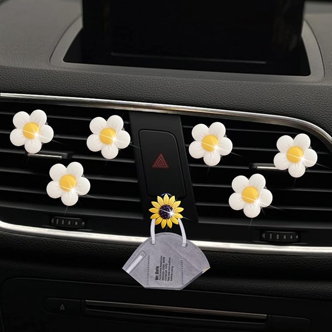 Cute Daisy Air Vent Clips, 6 Pcs Flower Car Air Fresheners Vent Clips Car Diffuser Vent Clip Charm Decoration for Women Cute Interior Decor Accessories + Sunflower Mask Hook (White)