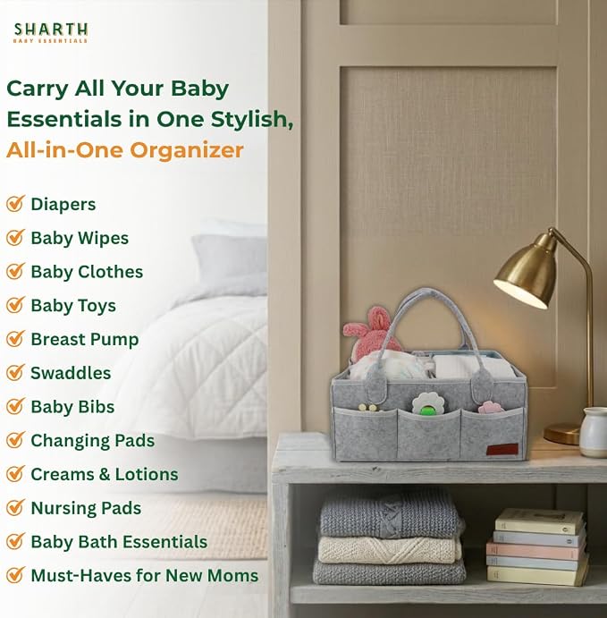 Sharth Baby Diaper Caddy Organizer with Upgraded Stitched Edges – Foldable Felt Nursery Organizer with Handle, Removable Dividers & 8 Outer Pockets, Portable Baby Shower Registry Gift (Gray)