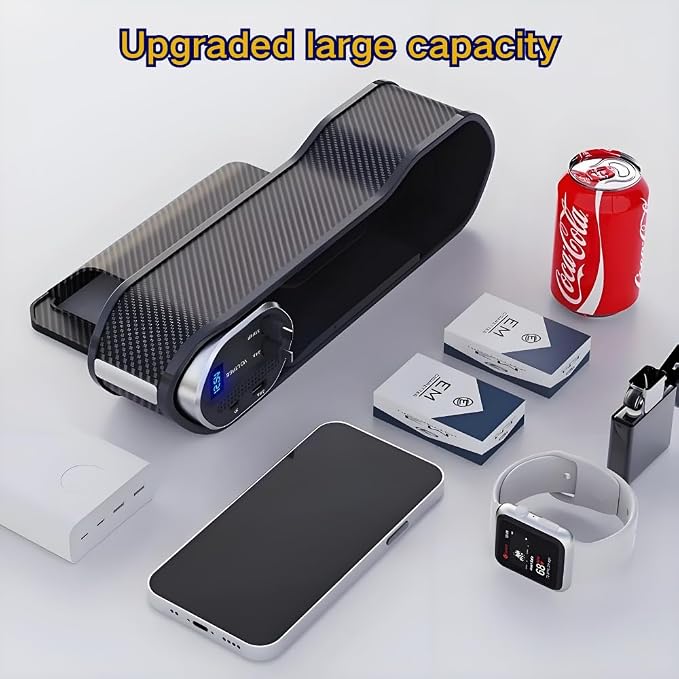 5 in 1 Car Seat Gap Filler Organizer with Wireless Charger and Cigarette Lighter, 2 Charging Cables, Retractable Charging Cords iOS Type-C USB Port Fast Charge Storage Box Cup Holder
