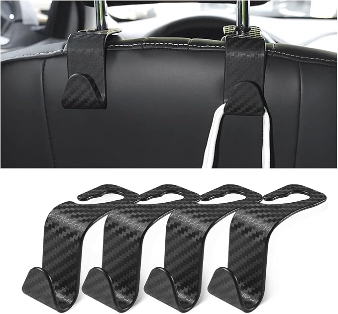 Car Back Seat Headrest Hooks, 4 Pack Carbon Fiber Stylish Back Seat Hanger for Car Handbag Clothes Coats Grocery Bags, Car Interior Accessories (Carbon Fibre/Black)