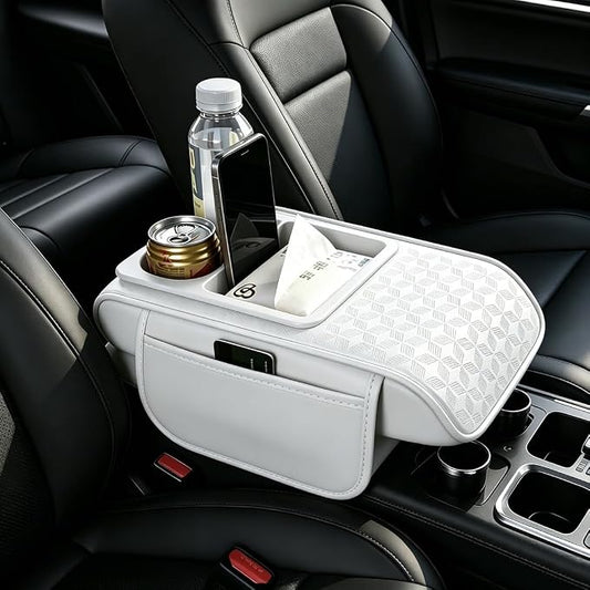 Car Center Console Cover, Auto Car Armrest Cushion 5-in-1 with Cup Holder, Tissue Box Slot, Phone Slot for Vehicle, Car Accessories Interior Storage Organizers (White)