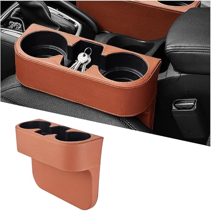 Car Gap Filler Organizer, Multifunctional Leather Console Side Crevice Blocker Storage Box with Cup Holder, Auto Seat Gap Stopper Organizer for Keys, Phones, Glasses, Universal Fit (Brown)