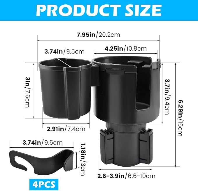 2-in-1 Car Cup Holder Expander with 4 Hooks - Upgraded Adjustable & Expandable Base, Offset Option, Versatile Car Accessories Fits Yeti, Hydroflask, Large Water Bottles