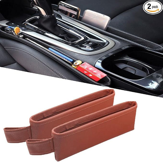 Tumecos Car Seat Pockets PU Leather Car Console Side Organizer Seat Catcher Holders Compatible with Phone Key Wallet Phone Sunglasses 2 Pack (Brown)