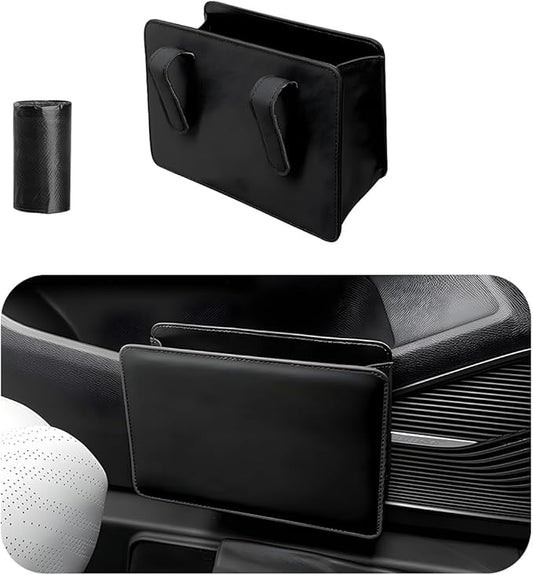 Yourkar Car Trash Can, Foldable Waterproof Leather Car Garbage Organizer Holder, Automotive Mini Dustbin Container with One Roll Trash Bag, Universal Interior Car Accessories (Black)