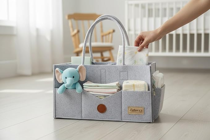Baby Diaper Caddy Organizer, Portable Felt Nursery Storage Basket with Handles and Removable Dividers, Gray