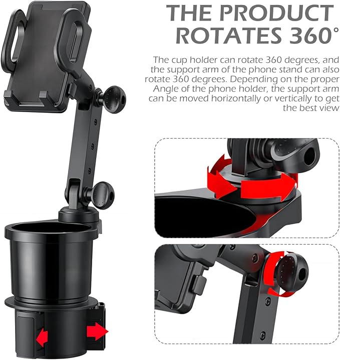 Car Cup Holder Mobile Phone Mount, Two-in-one Multi-Function Beverage Can Rack, 360 Degree Rotatable and Adjustable Navigation Bracket, for Most Cars Cup Holder Expander (Black)
