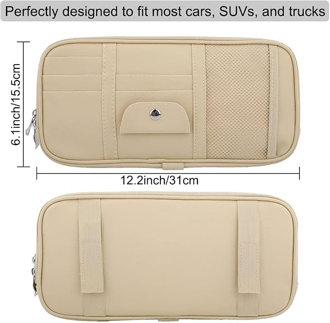 Car Sun Visor Organizer, Auto Interior Accessories Pocket Organizer - Car Truck SUV Storage Pouch Holder, with Multi-Pocket Net Zipper (Beige)