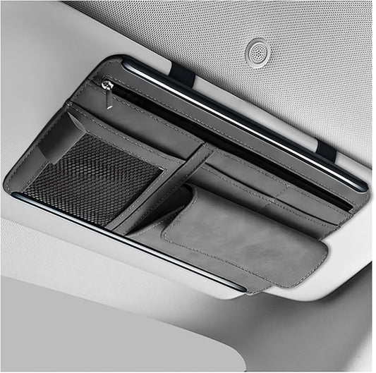 Car Sun Visor Organizer, Leather Sun Visor Pocket Organizer Case with Multi-Pocket Net Zipper, Suede Note Holder Car Visor Storage Pouch for Card Pen Sunglasses Document (Gray)