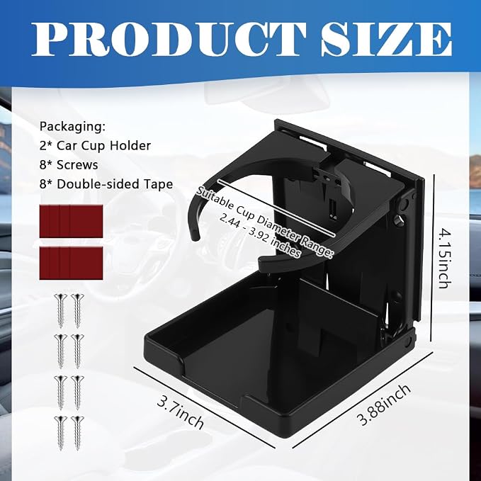 2PCS New Car Cup Holder,Expandable & Foldable Wall Mounted Cup Holder for Cars with Adhesive & Screws for Door/Vent,Universal Car Drink Holders Fits 2.44-3.92 inches