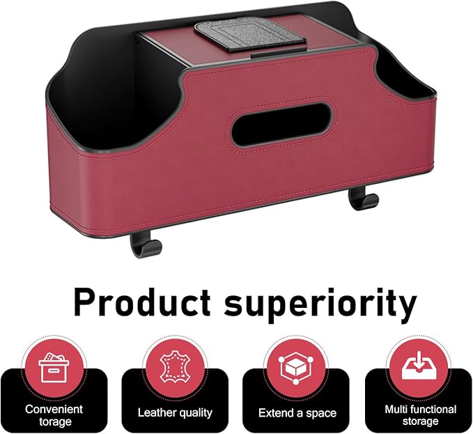 Car Back Seat Organizer, Leather Snap-on Seatback Storage Pocket, Multi-functional Storage Box for Phone Holder Tissues Cup Bracket Hanging Bag, Universal for Most Vehicles (Red)
