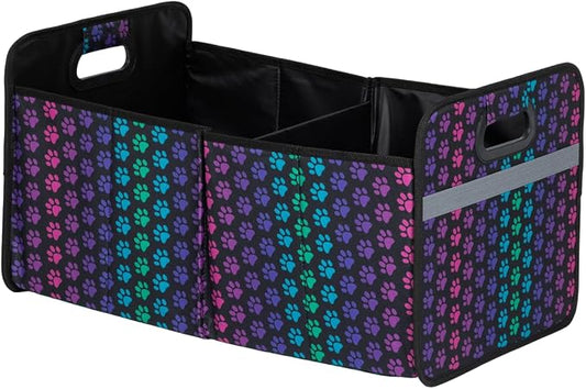 GreaterGood Paws Car Trunk Organizer Foldable Storage Bin with Handles Non Slip Base Pet Gear Travel Tote for SUV Truck (Rainbow Paws)