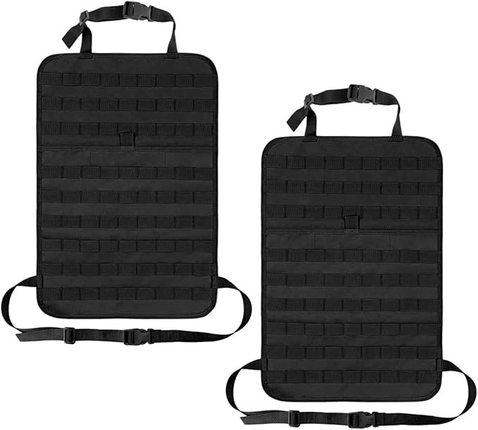 2 PCS Car Seat Back Organizer, Tactical MOLLE Sag Proof Vehicle Panel Backseat Cover Protector, Universal Molle Nylon Storage Bag Seat Back Hanger Pad for Car Truck SUV Pickup (Black)
