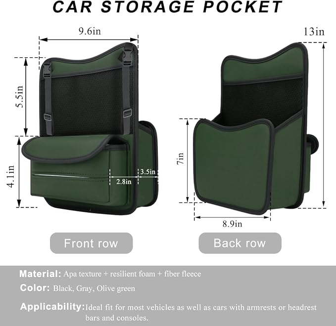 Car Organizer Storage Between Seats, Leather Car Console Hanging Storage Organizer with Mesh Pocket Tissue Box, Multi-Functional Large Capacity Headrest Holder Bag for Purse Snack (Green)
