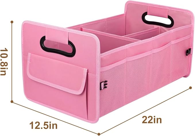 Car Trunk Organizer SUV | Foldable Waterproof Basket with Front & Side Pockets | Large Capacity Durable Oxford Cloth | Car Essentials for Women, Backseat & Truck Bed | Pink