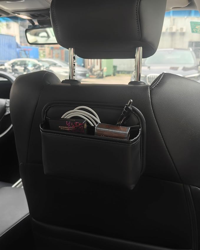 Driver's Car Storage Bag, Small Car Side Pocket Organizer for Car Seats, Doors and Consoles, PU Leather, (Black)