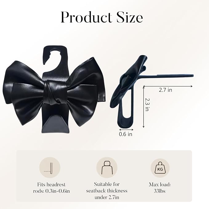 2 Pack Car Purse Hooks, Cute Bow Car Seat Headrest Hook Hanger for Purses and Bags, Space-Saving Car Accessory(black)