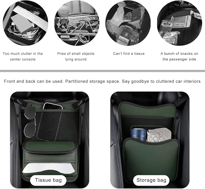 Car Organizer Storage Between Seats, Leather Car Console Hanging Storage Organizer with Mesh Pocket Tissue Box, Multi-Functional Large Capacity Headrest Holder Bag for Purse Snack (Green)