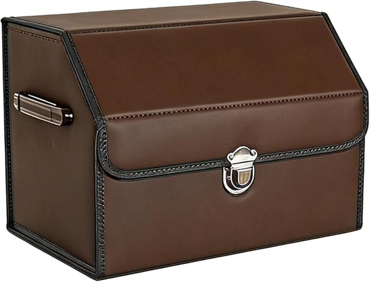 Leather Storage Box Car Trunk Organizer for Trunk SUV Sedan, Leather Foldable Storage Box with Lid (Brown 14.9" L*12.2" W*11.8" H)