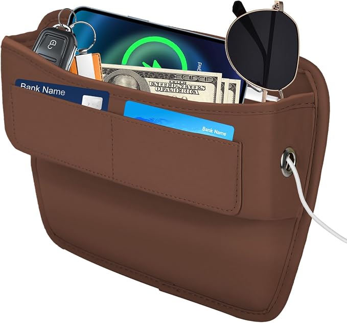 Car Seat Gap Filler Organizer with Card Holder, Leather Center Console Side Seat Gap Storage Box, Automotive Seat Organizer with Pocket for Glasses Phone Card, Car Accessories (Brown)