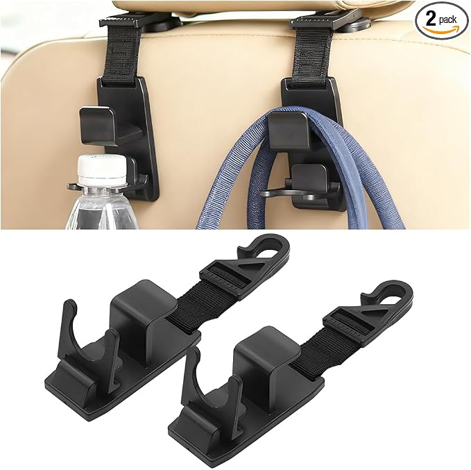 2PCS Car Headrest Hooks, Vehicle Seat Front ＆ Back Storage Hanger with Clip, 360° Adjustable Automotive Organizer Accessories for Purse Bags Grocery, Universal for Most Vehicles
