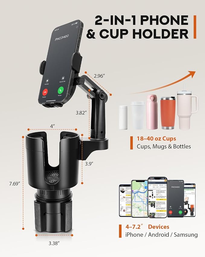 2 in 1 Universal Cup Holder Phones Mount for Car, Cup Holder Expander with Adjustable Base, 360° Roatation Cell Phone Holder with Long Arm Compatible with iPhone All Smartphones
