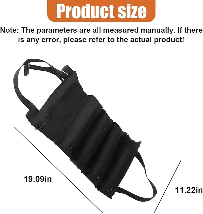 YoRise Car Seat Organizer, Oxford Cloth Roll Up Tool Bag With 5 Zipper Pockets, Hanging Back Seat Car Organizer, Portable Waterproof Vehicle Storage Accessories for Cars, Trucks, SUVs (Black)