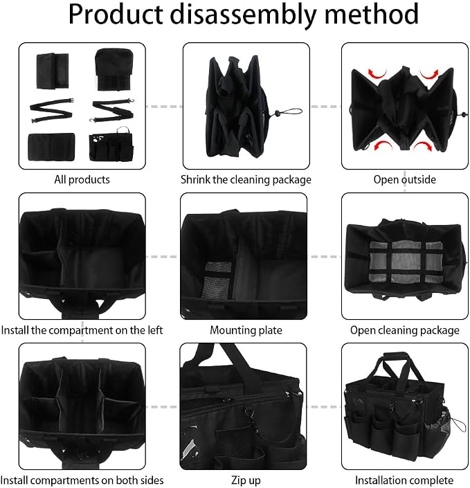 Large Cleaning Caddy Tote with Removable Divider, Heavy-Duty Wearable Apron Organizer with Pockets for Housekeeping, Cleaning Supplies, Tools (Black)