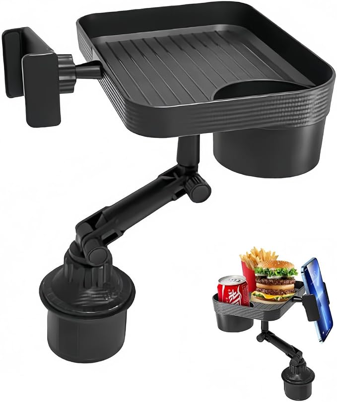 Vehicle-Mounted Multifunctional Water Cup Holder Tray Black Adjustable Cup Holder Dining Plate Expandable Bracket Storage Space-Saving (Tray + Phone Stand)