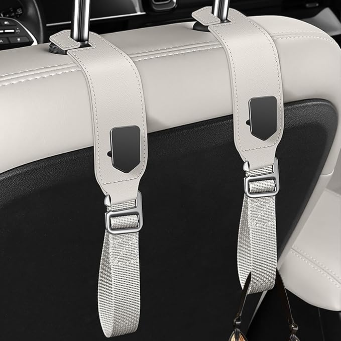 Car Seat Headrest Hooks, 2PCS Adjustable Microfibre Vehicle Seat Back Storage Hanger Holder for Handbag Purse Coat, Auto Interior Headrest Organizer Hook, Universal for SUV RV Lorry (Beige)