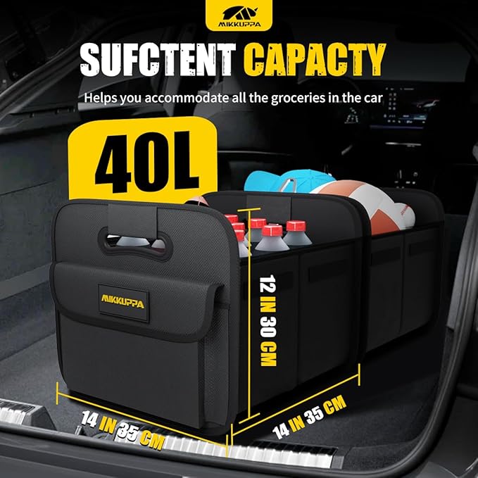 MIKKUPPA Car Trunk Organizer - Split Design Collapsible Small Trunk Organizer for Groceries, Car Storage Organizers for SUV Auto Truck Van with Non Slip Bottom (Black, 2Pack)