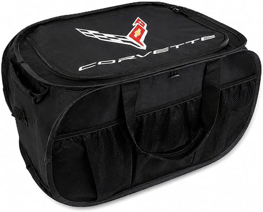 SR1 Performance USA C8 Corvette Trunk Organizer – Expandable Pop Up Collapsible Cargo Storage Caddy for 2020-2026 Chevrolet Corvette Stingray, Z06 & E-Ray – Black with Crossed Flags Logo