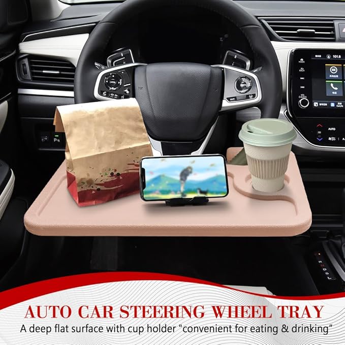 2 in 1 Car Steering Wheel Desk, Car Tray, Car Steering Wheel Desk Tray & Auto Seat Gap Filler Organizer, Multipurpose Travel Auto Steering Wheel Under Table Console for Most Vehicles (Beige)