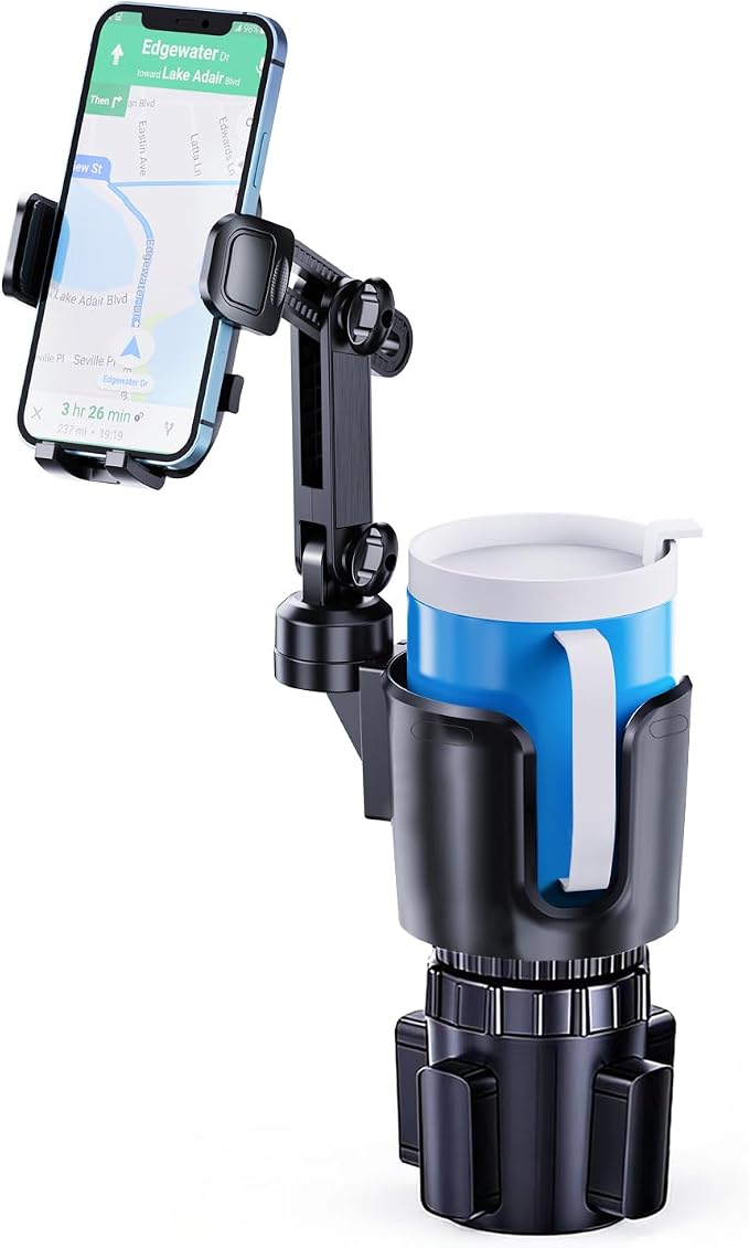 Phone Cup Holder for Car with Long Retractable Arm, 2 in 1 Universal Cup Holder Expander with Adjustable Base, 360° Rotation Phone Mount for Car & Truck - Holds All 4-7'' Smartphones