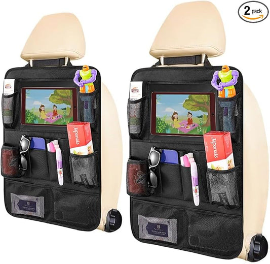 Backseat Car Organizer, 2 Pack Kick Mats Back Seat Protector with Touch Screen Tablet Holder, 9 Storage Pockets for Travel Accessories & Toys, Waterproof & Easy-Clean Black Protector