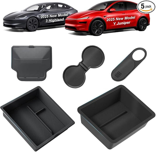Eonflux Center Console Organizer for Tesla Model Y Juniper (2025-2026 Only Premium & Performance) & Model 3 Highland (2024-2026),Hidden Storage Box & Cup Holder with Silent Silicone Liner, 5PCS Black