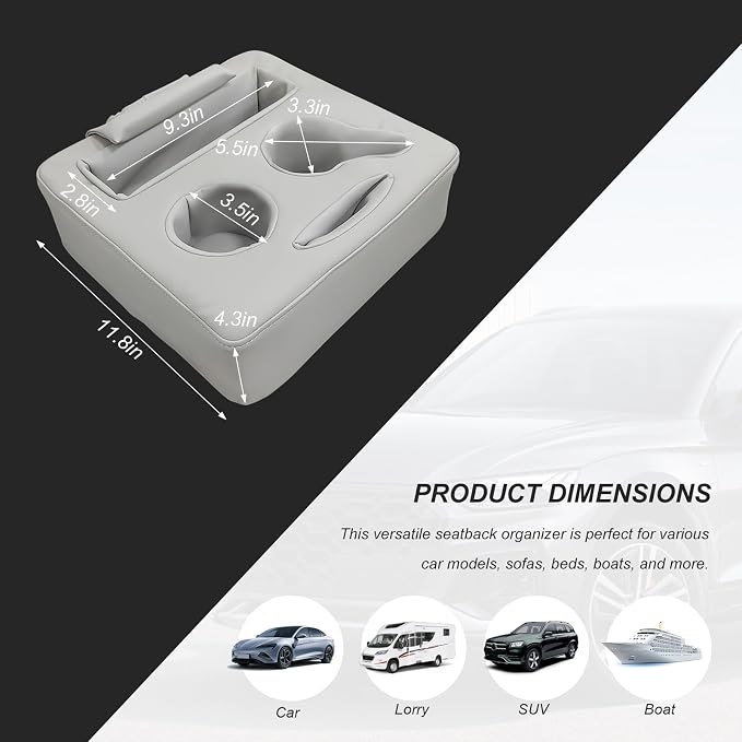 Sun Walker Back Seat Cup Holder for Car, Waterproof Rear Seat Organizer Expander Tray to Store Phone Drink Snack, Universal Leather Cup Holder Pillow for Truck RV Boat Sofa Bed (Gray)